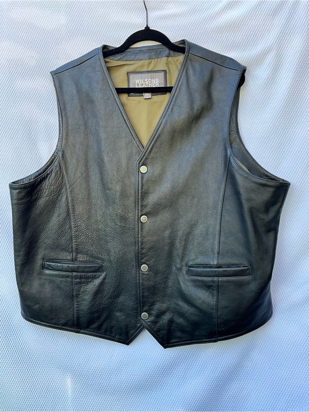 Wilsons Leather Mens Black Genuine Leather V-Neck Biker Vest Size 2XL